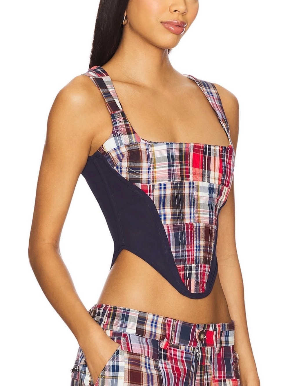 Danielle Guizio‎ NWT Mina Serene Patchwork Plaid Corset Top Blue Red Size Medium
